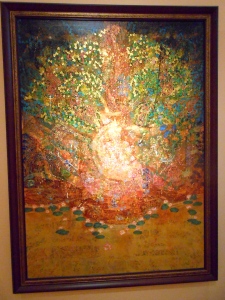 A painting by Mathasit Addok that wants to capture the spirit of Buddhism using colors and shapes. 